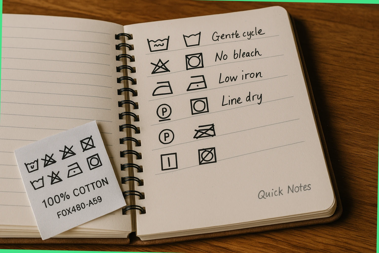 Laundry notebook with care label symbols and quick notes