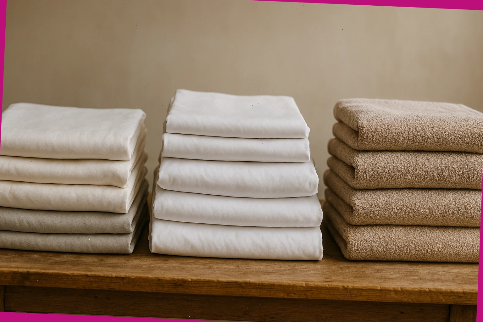 Neatly folded bedding and towels stacked on a table