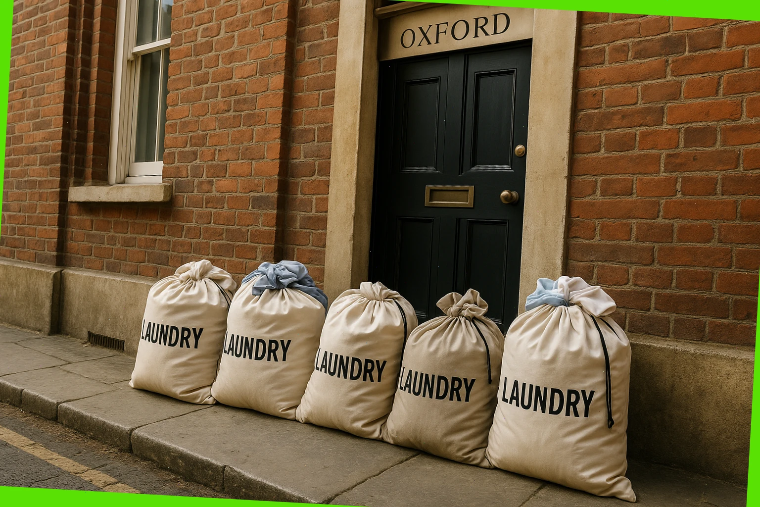 Oxford street doorway with labelled laundry bags ready for pickup